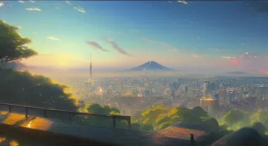 best high quality landscape, in the morning light, Overlooking TOKYO beautiful city by greg rutkowski and thomas kinkade,Trendin