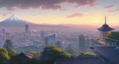 super high quality landscape, in the morning light, Overlooking TOKYO beautiful city with ((one)) small Fujiyama， from a tall ho