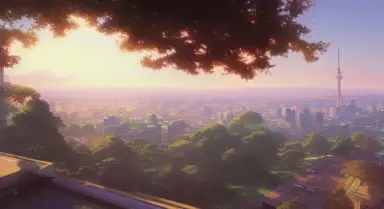 best high quality landscape, in the morning light, Overlooking TOKYO beautiful city from a tall house, by greg rutkowski and tho