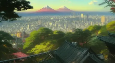 best high quality landscape, in the morning light, Overlooking TOKYO beautiful city with small Fujiyama， from a tall house, by g