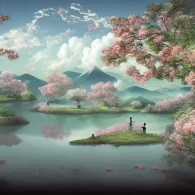 Highly defined aesthetic digital drawing of cloud reflection in a lake, beautiful landscape of trees, flowers and villagers in