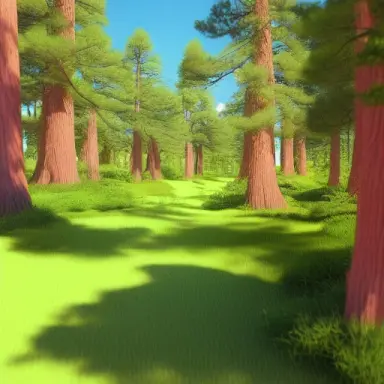 pine forest with river infront, straight lines, 4k, volumetric light, ambient occlusion, highpoly, digital painting by studio gh