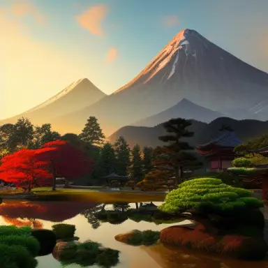 classic japanese garden with mountains, sunrise through the moutains, rustic, hyperdetailed, artstation, cgsociety, 8 k