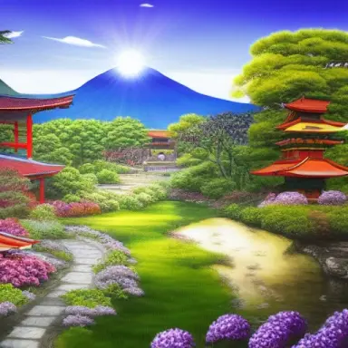 background of mountains, garden, sun, japanese, highly detail, realistic