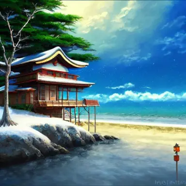 high detailed, oil painting, studio ghibli, seashore, sandy beach, japanese traditional house on the beach, against the backgrou