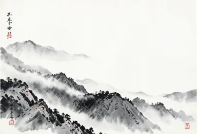 ink wash painting of fog rolling over mountain ridges few brushstrokes large empty space sumi e