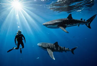 underwater photograph of a free diver next to a whale shark sun rays deep blue cinematic lighting sharp focus
