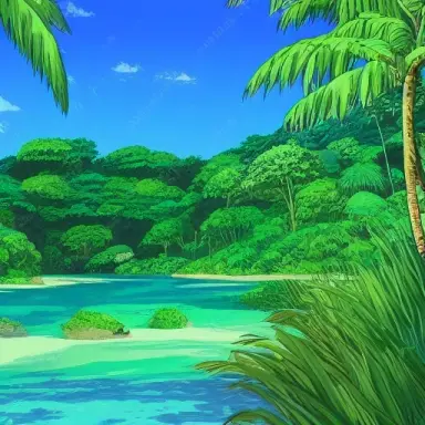massive rainforest shore background,studio ghibli, high contrast, high poly, high detail