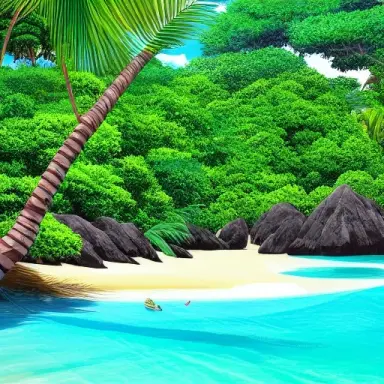 tropical island shore background, studio ghibli, high contrast, dirctional light, 3d high poly, high detail, photorealistic digi