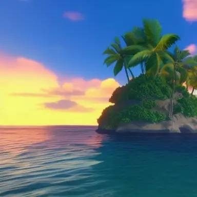distant tropical island on a beautiful ocean, studio ghibli, high contrast, volumetric light, unreal engine