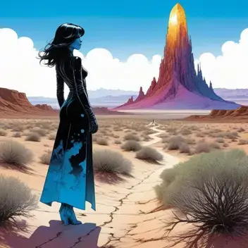 photorealistic ink art showing silouhette of beautiful and mysterious woman into psychedelic desert with charred shrubs, far bac