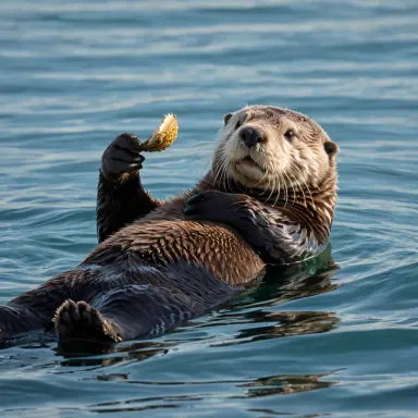 photograph of a sea otter floating on its back holding a shell calm kelp bay soft morning light