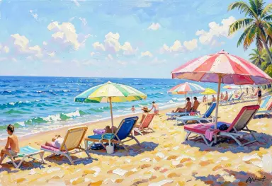 impressionist painting of a beach with parasols