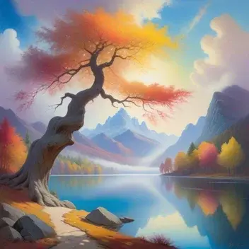 pastel fauvism painting, perspective shot, front view light misty lake with gigantic arabesque tree emerging in the middle