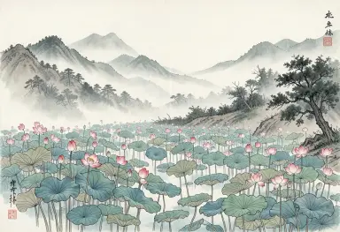 chinese gongbi painting of lotus pond and misty hills fine outlines delicate colours silk texture