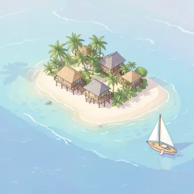 isometric illustration of a tiny tropical island resort with bungalows on stilts a reef and a sailboat pastel