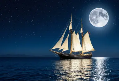 sailing ship on a calm sea under a full moon starry sky silver reflections