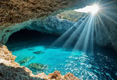 sea cave with turquoise water and sunlight shaft mediterranean coast