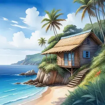 watercolor painting, wooden cabin with a straw roof on a cliff, coastal view, contemporary, high contrast, cell shading, strong