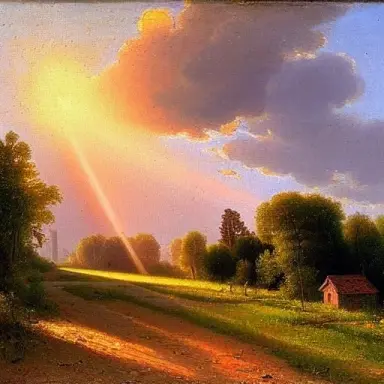 a country road, an alley, a small house in the distance, the field, the evening sun, fresh colors, crepuscular rays, by shishkin