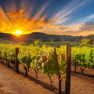 sunset in vineyards with grapes in autumn in the mountains
