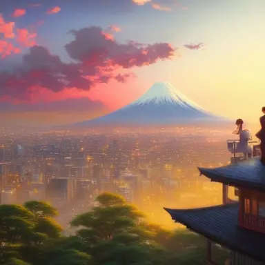best high quality landscape, in the morning light, overlooking tokyo beautiful city with fujiyama， from a tall house, by greg ru