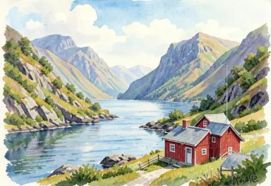 gouache painting of a fjord with a red cabin