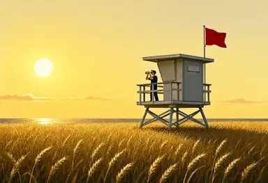 a gouache illustration of a lifeguard tower standing in a wheat field the lifeguard scanning the golden waves