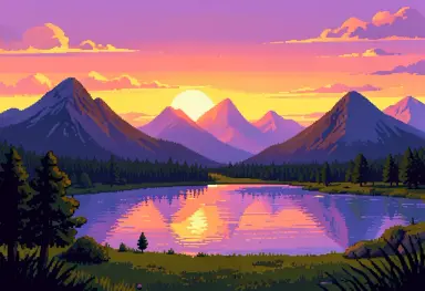 pixel art landscape of a sunset over distant mountains and a lake 16 bit video game style dithering