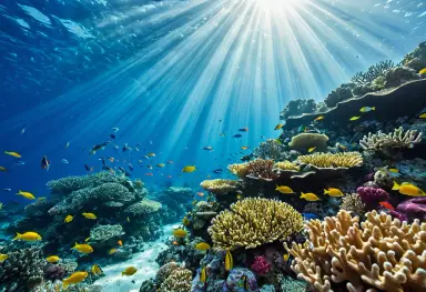 underwater photograph of a coral reef garden full of colourful fish sun rays clear water award winning