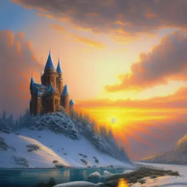 masterpiece, extreme detailed, oil painting, gothic castle, snow cap, clouds, gorge, light of waves, detailed sunset, against ba