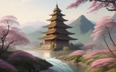 a painting of a mountain landscape with pagodas surrounded by pink flowers and trees, and a river that runs trough, a cloudy sky