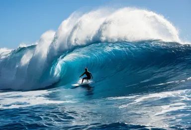 surfer riding a large blue wave spray in the sunlight hawaii action photography