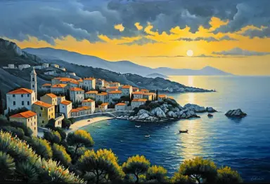 the dalmatian coast in evening mist oil painting in the style of renato guttuso