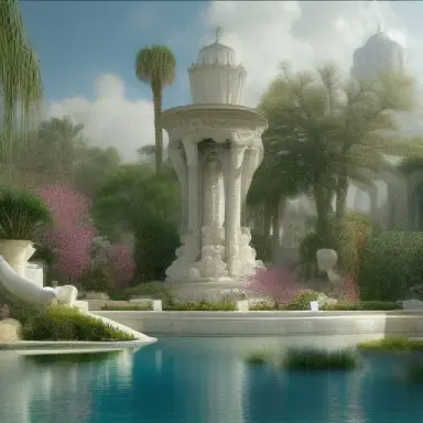 p Ethereal gardens of marble built in a shining teal river in the desert, gorgeous ornate multi tiered fountain, Greek and Spanish