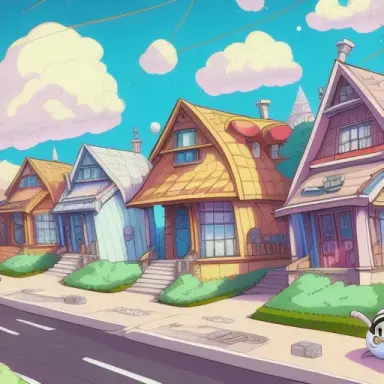 5 houses in front, street background, digital art, smooth, sharp focus, gravity falls style, doraemon style, shinchan style, anime