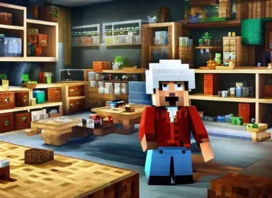minecraft epic laboratory office, shelves with detailed items in background long shot
