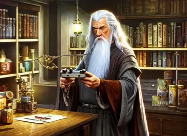 gandalf playing on a gameboy, epic laboratory office, shelves with detailed items in background, ((long shot)), highly detailed