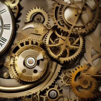 industrial age, pocket watch, 35mm, sharp, high gloss, brass, gears wallpaper, cinematic atmosphere, panoramic