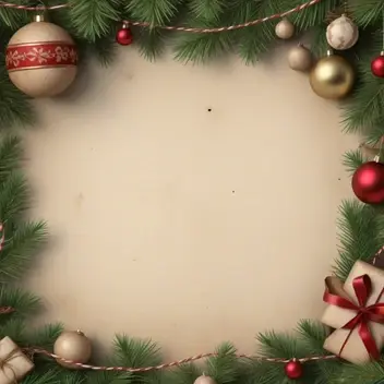 christmas girlands with decorations around edges, old paper inside as background, ultrarealistic, 8k
