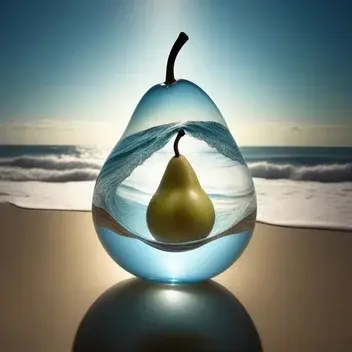 beautiful double exposure image by mixing a rough sea and a glass pear. the sea should serve as the underlying backdrop