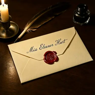 a photograph of a wax sealed envelope addressed in calligraphy to miss eleanor hart on a wooden desk with a