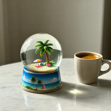 a product photograph of a glass snow globe containing a tiny tropical beach with a palm tree placed on a