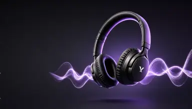 a product launch banner for headphones a pair of sleek black headphones floating with soundwave light ribbons