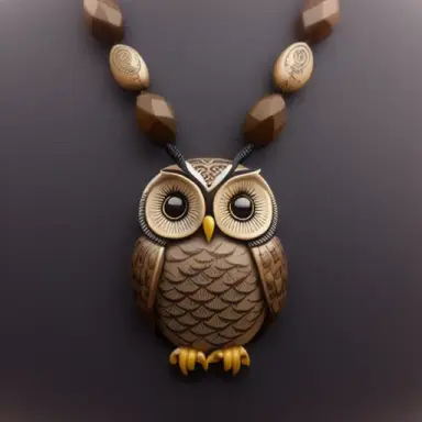 owl necklace made of buckskin with owl features, string, rich details, fine carvings, studio lighting