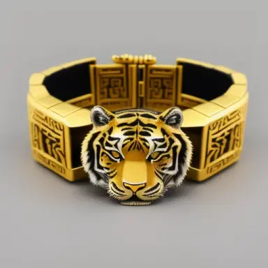 tiger bracelet made of gold with tiger features, rich details, fine carvings, studio lighting