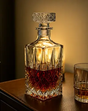 a product photograph of a crystal whisky decanter half full on a leather topped desk next to a tumbler lit