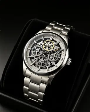 a product photograph of a luxury mechanical wristwatch with a skeleton dial lying on folded black velvet lit