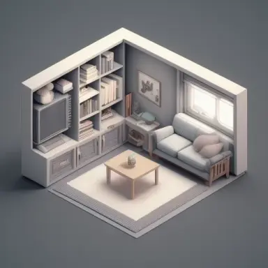 Tiny cute isometric living room in a cutaway box, soft smooth lighting, soft colors,Shades of gray color scheme, soft colors, 20