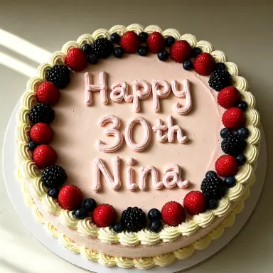 a photograph of a cake decorated with piped icing that reads happy 30th nina on top surrounded by fresh